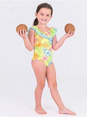 RuffleButts Happy Hula One Piece Swimsuit 2T yellow floral UPF 50 tropical